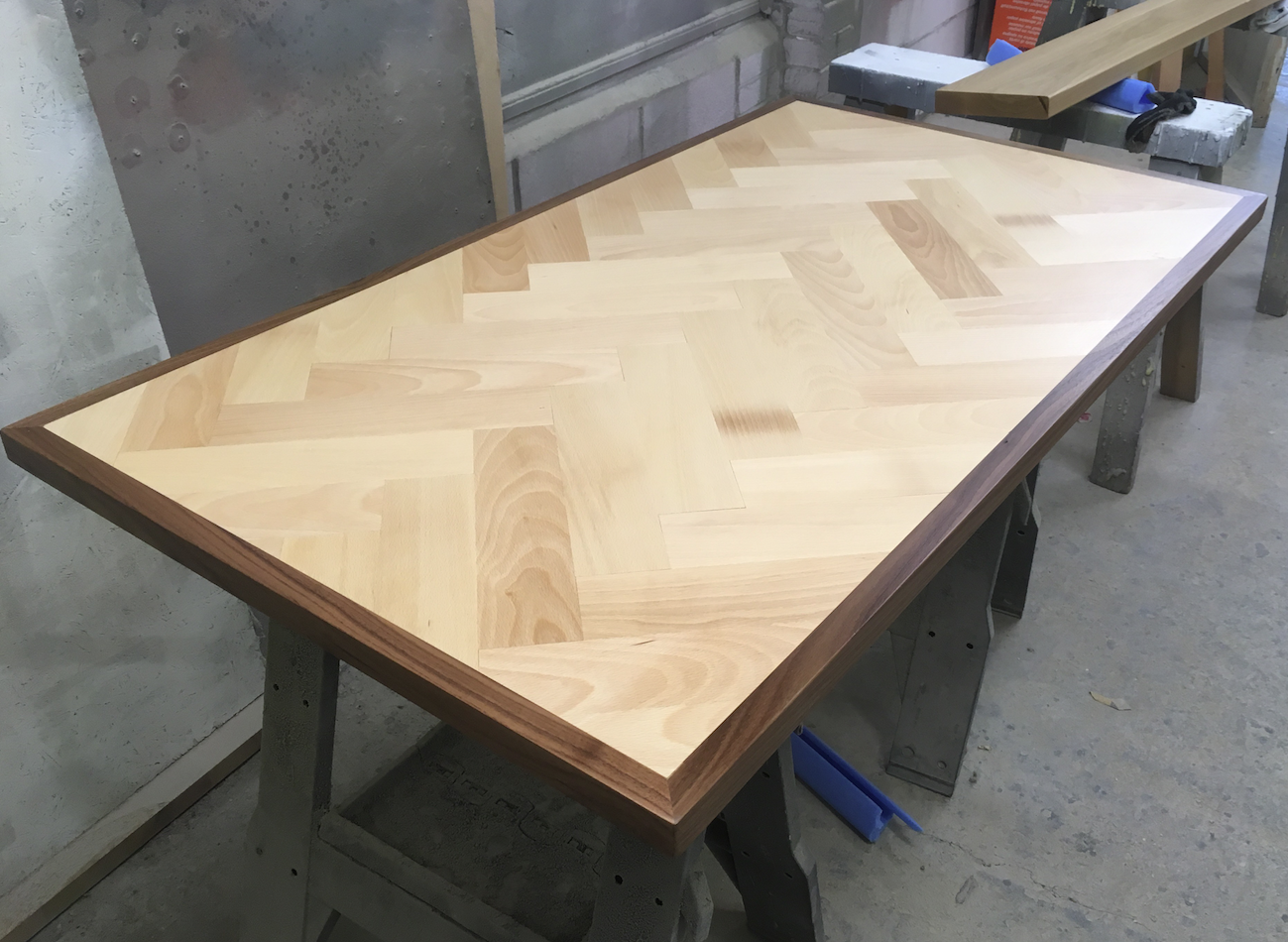 Beech Parquete top/  Walnut frame